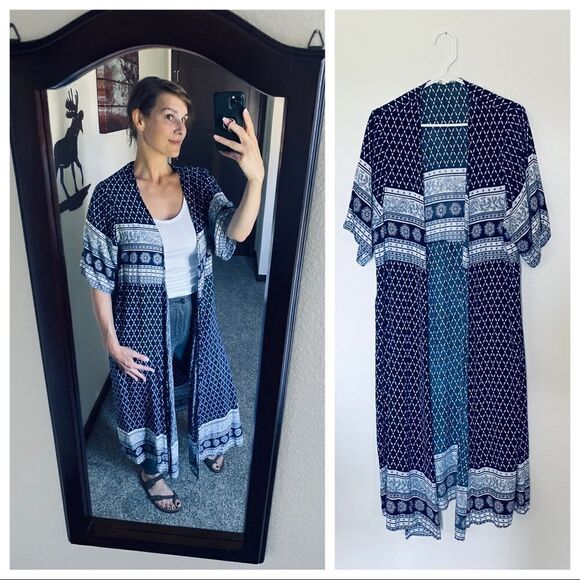 Kimono Duster Cardigan Navy White Floral Small Paisley Boho Rayon - Picture 3 of 7